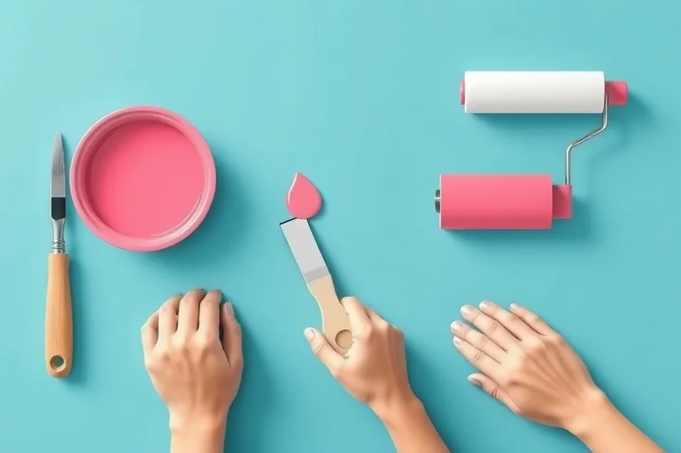 Outils de peinture disposés dans l'ordre des étapes du chantier