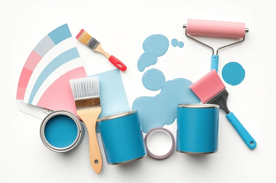 Pots de peinture, nuancier, brosses et rouleaux disposés à plat