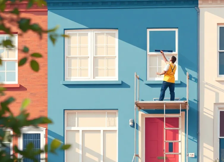 Peintre sur échafaudage traitant la façade d'une maison