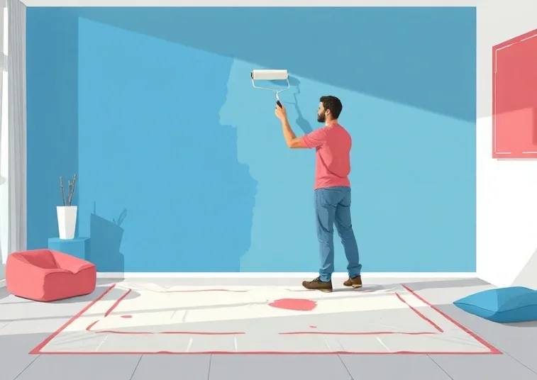 Peintre appliquant la peinture au rouleau sur un mur de salon